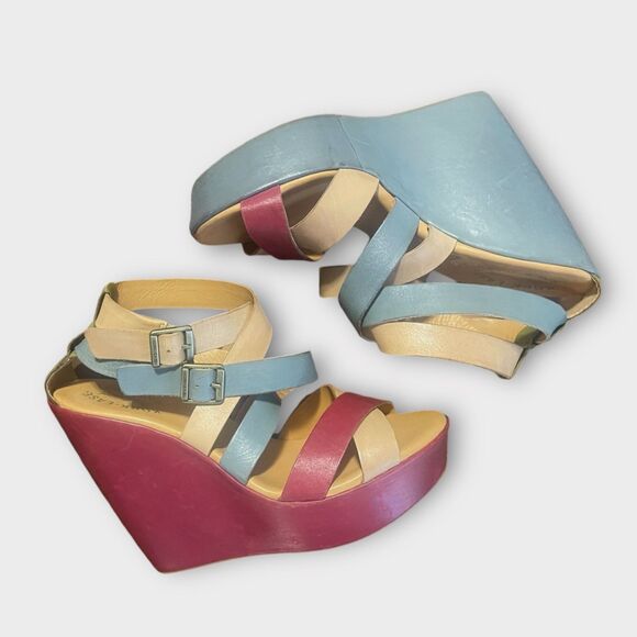 Kork-Ease Hailey Leather Platform Wedge Sandals 11 Natural Colorblock Spring - Picture 2 of 7